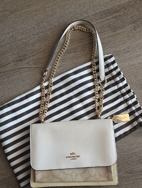 Coach Cream and Tan Signature Leather Shoulder Bag with Gold Chain Strap